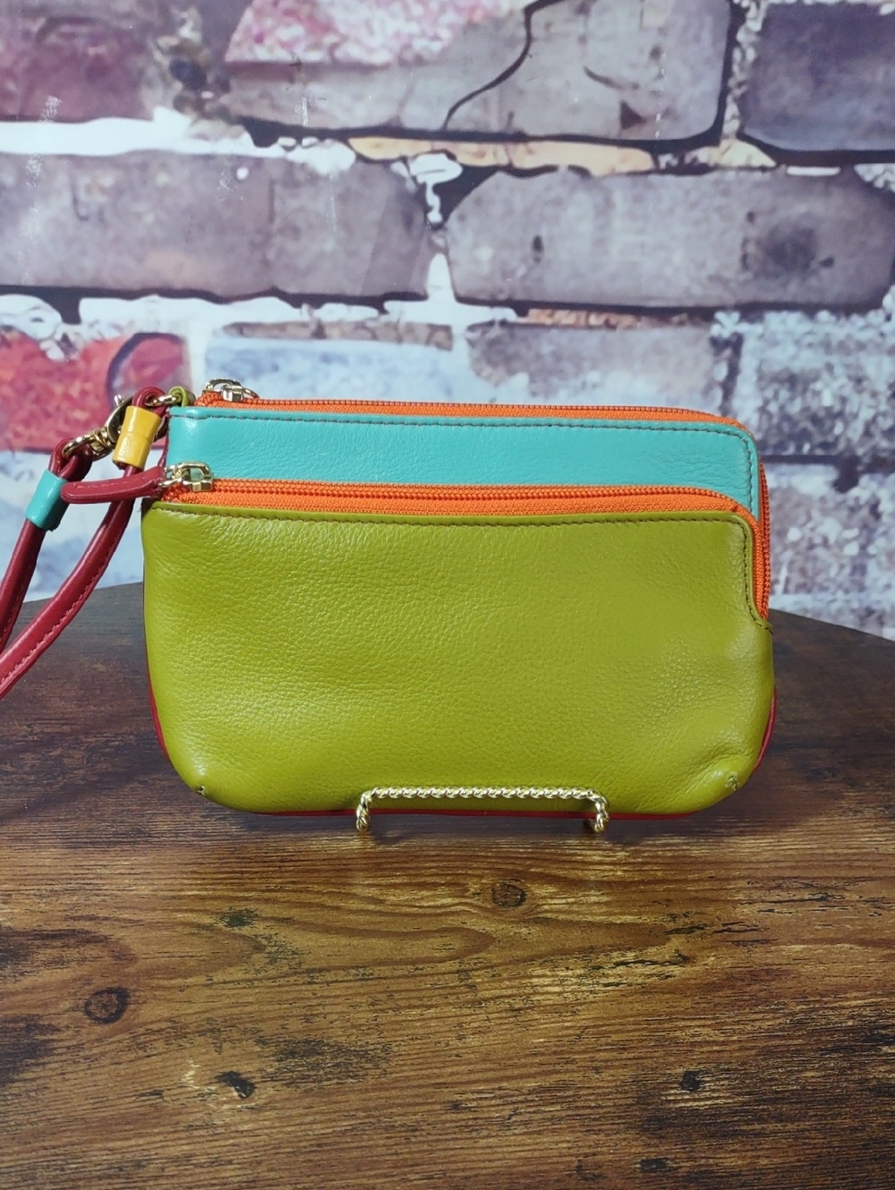Colorblock Leather Double-Zip Wristlet